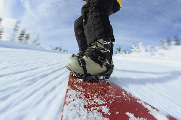 Impostazione dei binding di snowboard per cavalcare in un parco del terreno